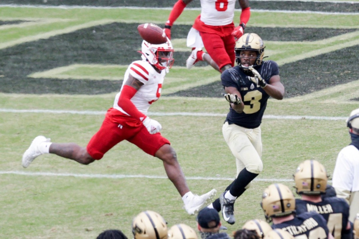Purdue wide receiver David Bell (3) reaches out for a pass against Nebraska. © Nikos Frazier | Journal & Courier via Imagn Content Services, LLC